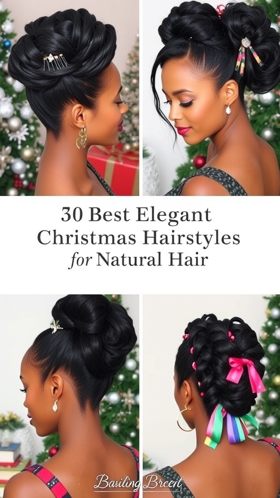 Collage of elegant Christmas hairstyles for natural hair with festive accessories.